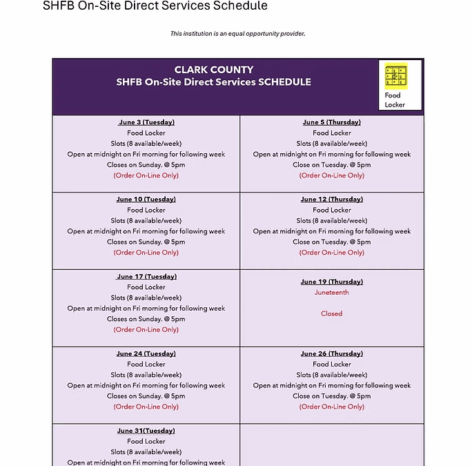 Second Harvest Food Bank – Food Locker Schedule