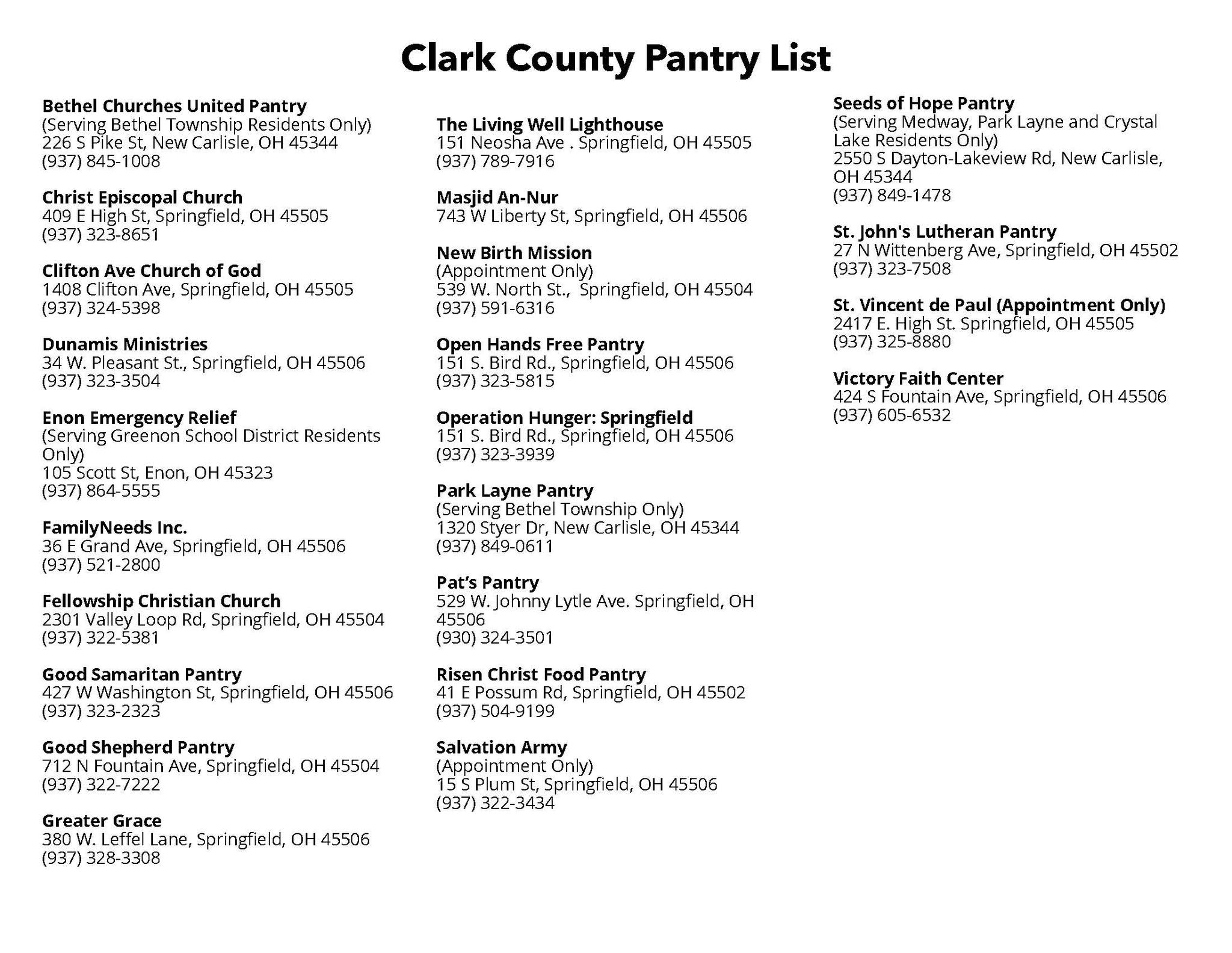 December 2025 calendar showing daily food pantry schedules for Clark County, Ohio. Each date lists partner pantries with their distribution hours and appointment requirements, including Dunamis Ministries, Salvation Army, Enon Emergency Relief, Open Hands, Greater Grace, St. Vincent de Paul, FamilyNeeds, Good Samaritan, Seeds of Hope, Clifton Avenue Church, Fellowship Christian, Living Well Lighthouse, Operation Hunger, Bethel Churches United, Pat’s Pantry, Christ Episcopal, Risen Christ, New Birth Mission, Masjid An-Nur, and Victory Faith Center. A key explains that ‘W’ means no appointment needed and ‘A’ means appointment required. Footer identifies the document as the Second Harvest Food Bank partner pantry schedule for Champaign, Clark, and Logan counties.