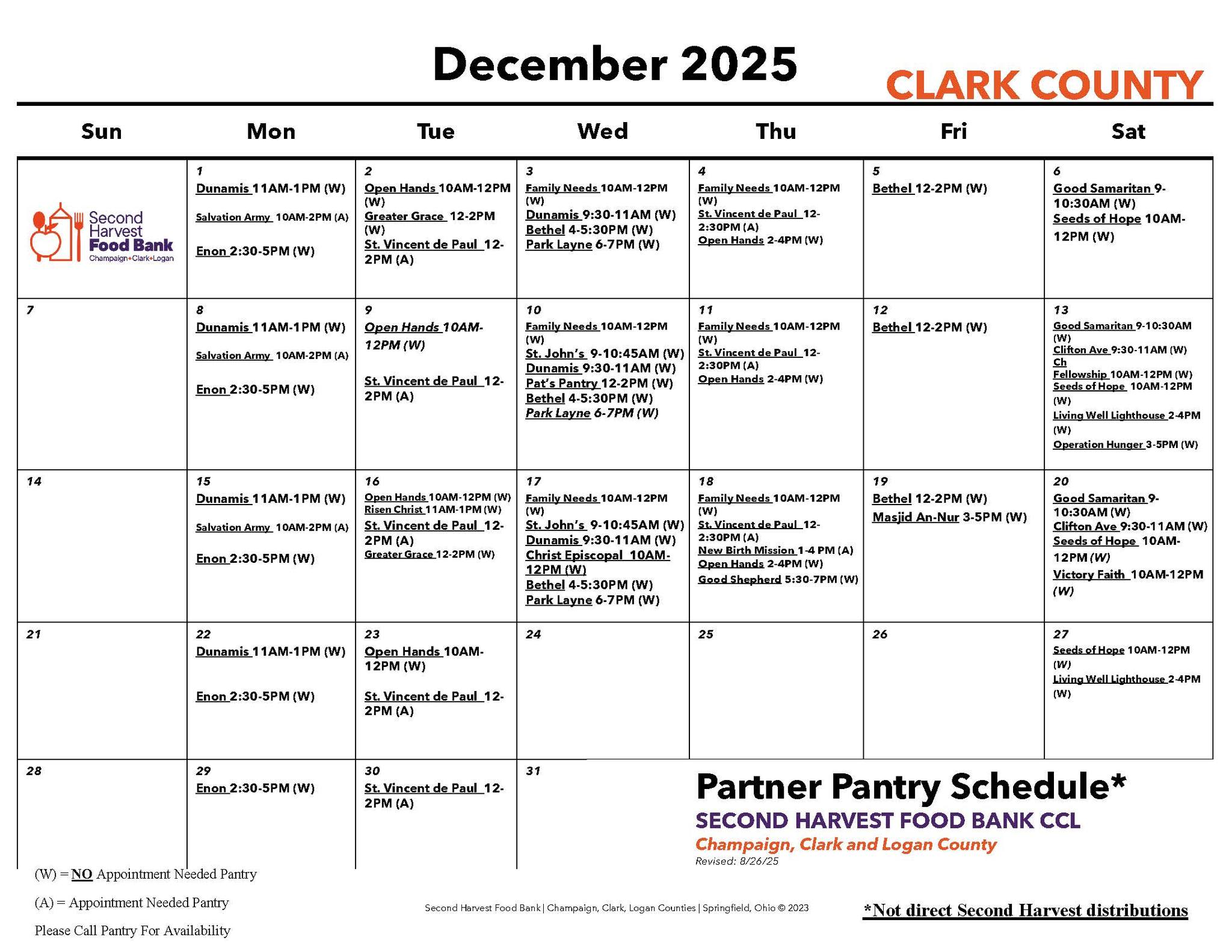 December 2025 calendar showing daily food pantry schedules for Clark County, Ohio. Each date lists partner pantries with their distribution hours and appointment requirements, including Dunamis Ministries, Salvation Army, Enon Emergency Relief, Open Hands, Greater Grace, St. Vincent de Paul, FamilyNeeds, Good Samaritan, Seeds of Hope, Clifton Avenue Church, Fellowship Christian, Living Well Lighthouse, Operation Hunger, Bethel Churches United, Pat’s Pantry, Christ Episcopal, Risen Christ, New Birth Mission, Masjid An-Nur, and Victory Faith Center. A key explains that ‘W’ means no appointment needed and ‘A’ means appointment required. Footer identifies the document as the Second Harvest Food Bank partner pantry schedule for Champaign, Clark, and Logan counties.
