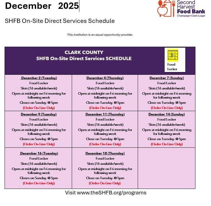 Second Harvest Food Bank – Clark County On-Site Direct Services Schedule – December 2025