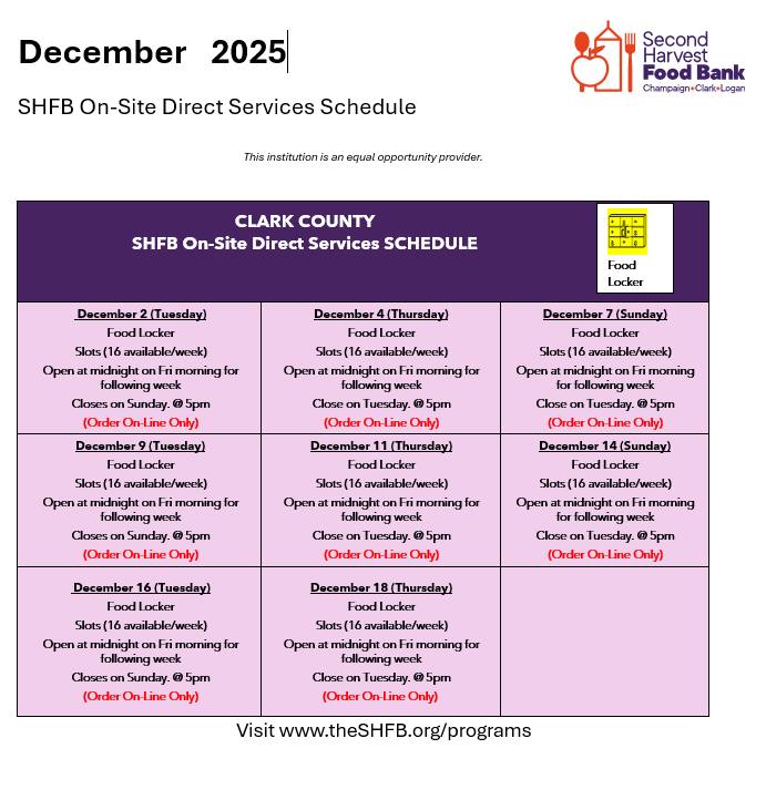 Document titled ‘December 2025 SHFB On-Site Direct Services Schedule’ for Clark County. The schedule lists Food Locker distribution dates on December 2, 4, 7, 9, 11, 14, 16, and 18. For each date, the Food Locker offers 16 slots per week, opens ordering at midnight on Friday for the following week, and closes ordering at 5 PM on the listed day. All distributions are marked as ‘Order Online Only.’ At the top right is the Second Harvest Food Bank logo, and a small icon labeled ‘Food Locker’ appears above the schedule grid. Text at the bottom directs users to visit www.theSHFB.org/programs
